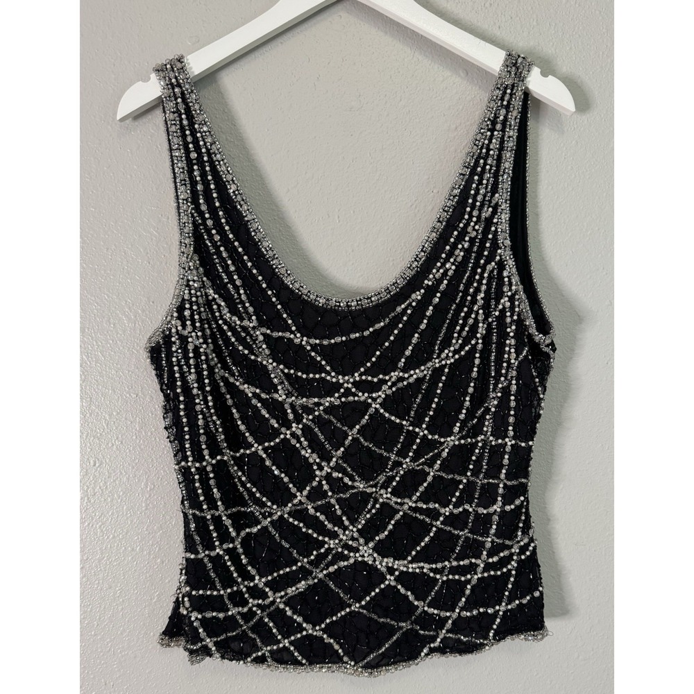 Vintage Pure Silk Beaded Sequin Tank Top Black Y2K Party Art Deco Glam Size 14